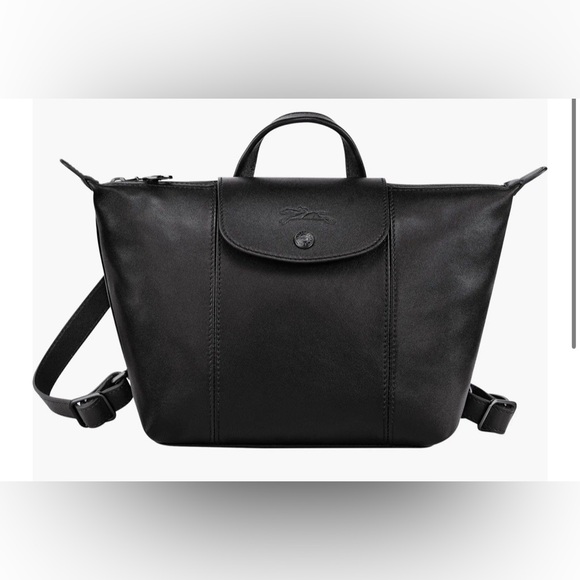 Longchamp Le Pliage Cuir Black Leather Top Handle Backpack Bag NEW $470 RARE HTF - Picture 1 of 14